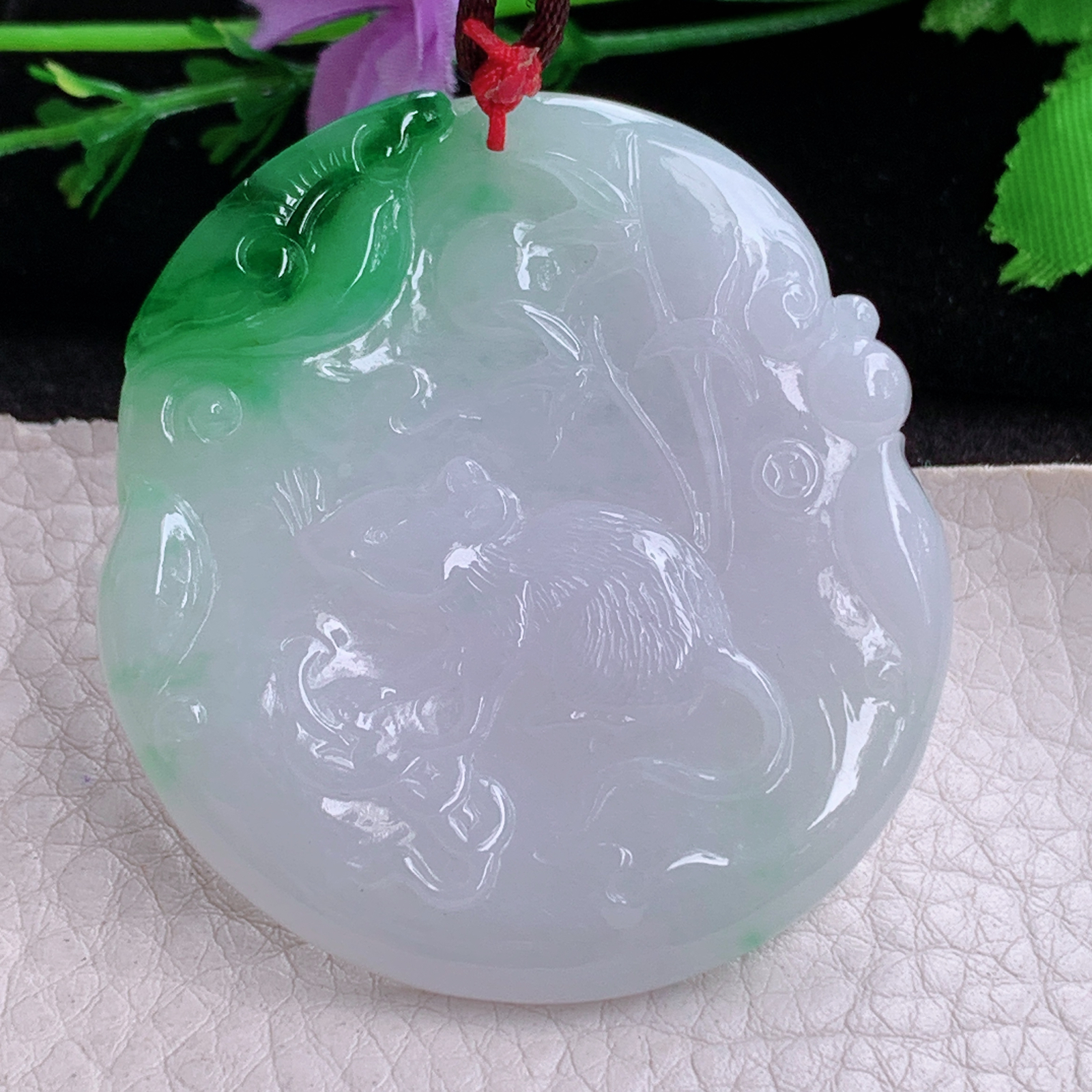 bg实拍52*48*5.3缅甸翡翠a货精雕鼠到运到 生肖鼠玉吊坠 玉挂件