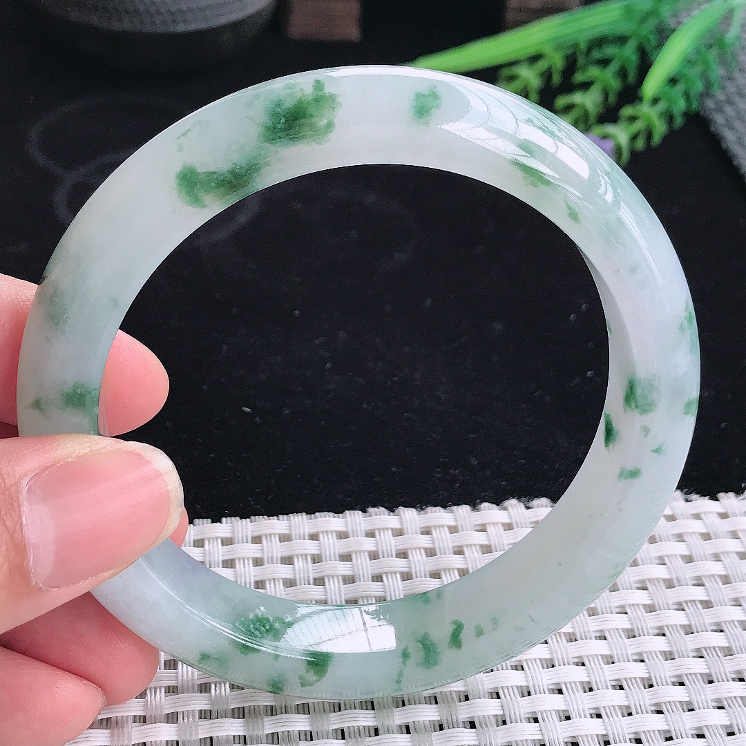 实拍A货翡翠61.5/12.9/9.4大圈口老坑冰胶果冻冰飘花手镯宽边玉镯平安镯