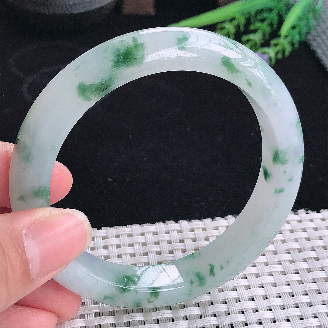 实拍A货翡翠61.5/12.9/9.4大圈口老坑冰胶果冻冰飘花手镯宽边玉镯平安镯