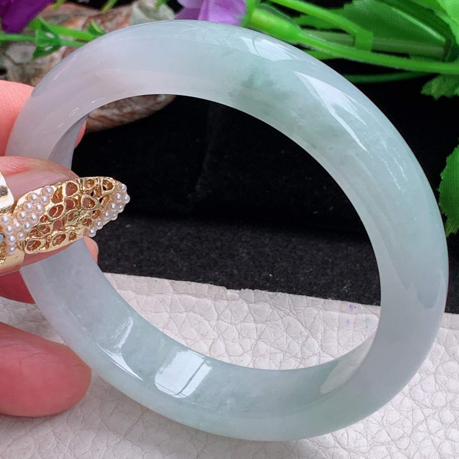 r实拍54:5*12.8*8平安镯 天然缅甸翡翠a货冰飘花正圈玉镯子