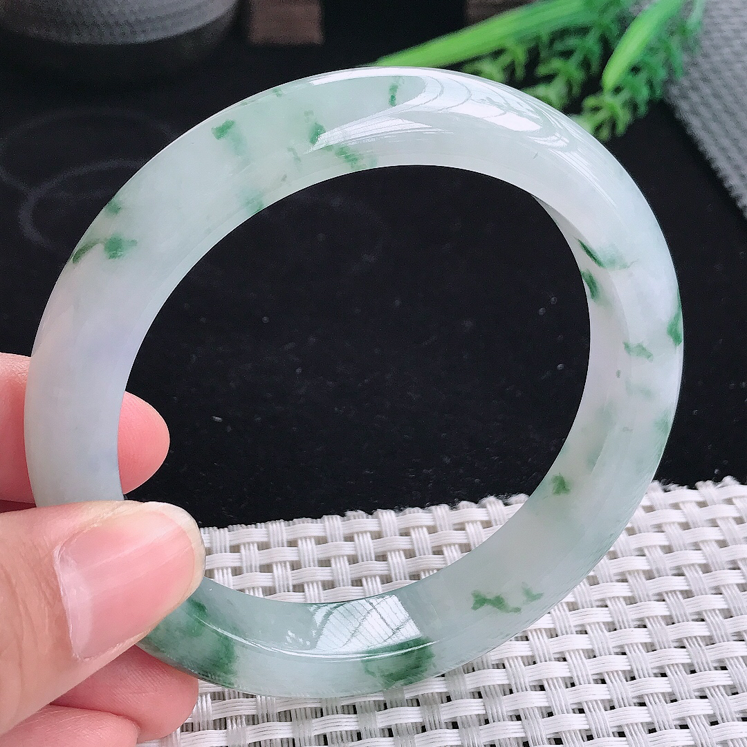 实拍A货翡翠61.5/12.9/9.4大圈口老坑冰胶果冻冰飘花手镯宽边玉镯平安镯