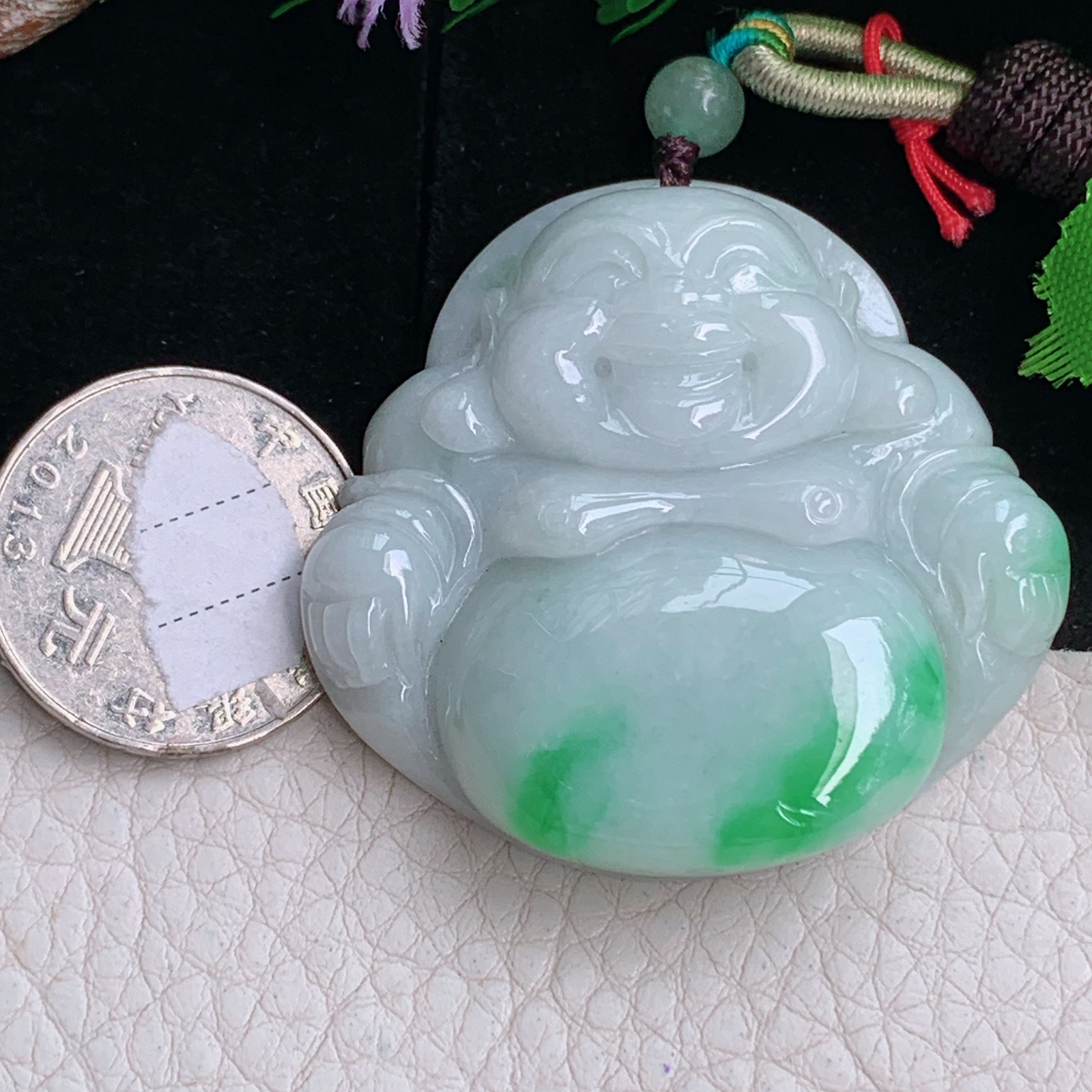 zen实拍46*48*12.3缅甸翡翠飘阳绿大佛公吊坠大肚弥勒佛像项坠毛衣坠
