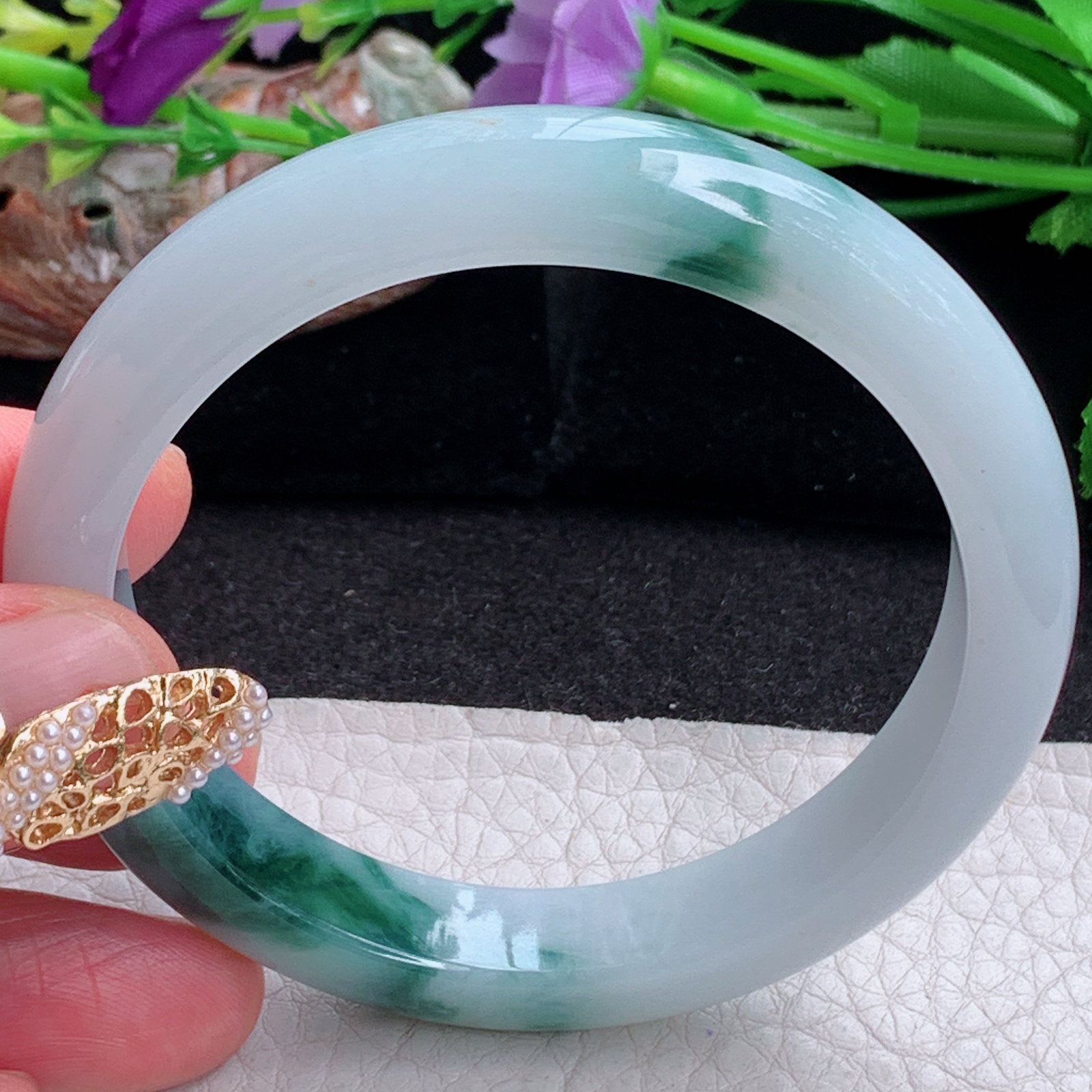 ee实拍56*11.2*7.8平安镯 天然缅甸翡翠a货冰飘花正圈玉镯子