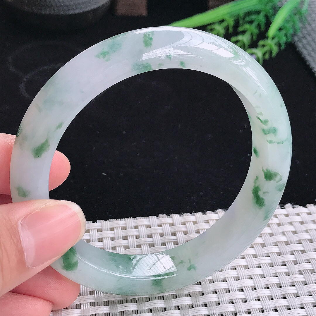 实拍A货翡翠61.5/12.9/9.4大圈口老坑冰胶果冻冰飘花手镯宽边玉镯平安镯
