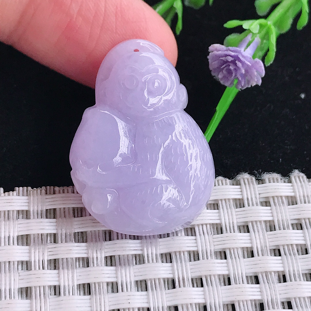 自然光29.8/22/7.3老坑秀气浓艳紫罗兰灵猴献寿猴子吊坠翡翠玉坠挂件