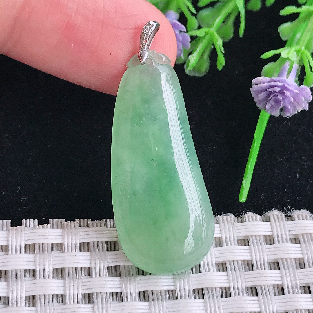 自然光34.5/14.8/4.8老坑18k金镶嵌冰晴绿福瓜吊坠翡翠玉坠挂件