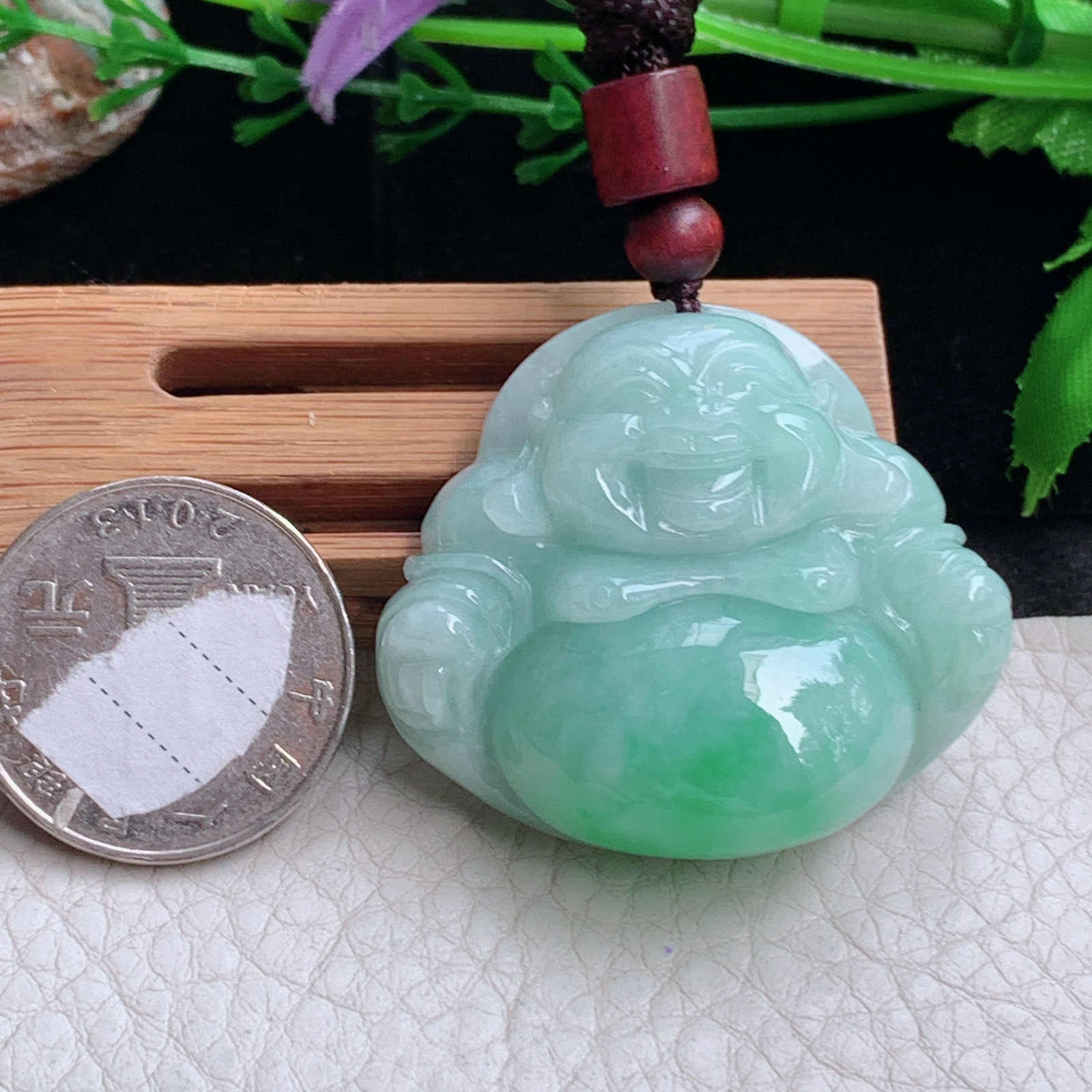 zen实拍36.5*41.3*13.3缅甸翡翠青绿色佛公吊坠开心弥勒佛像项坠