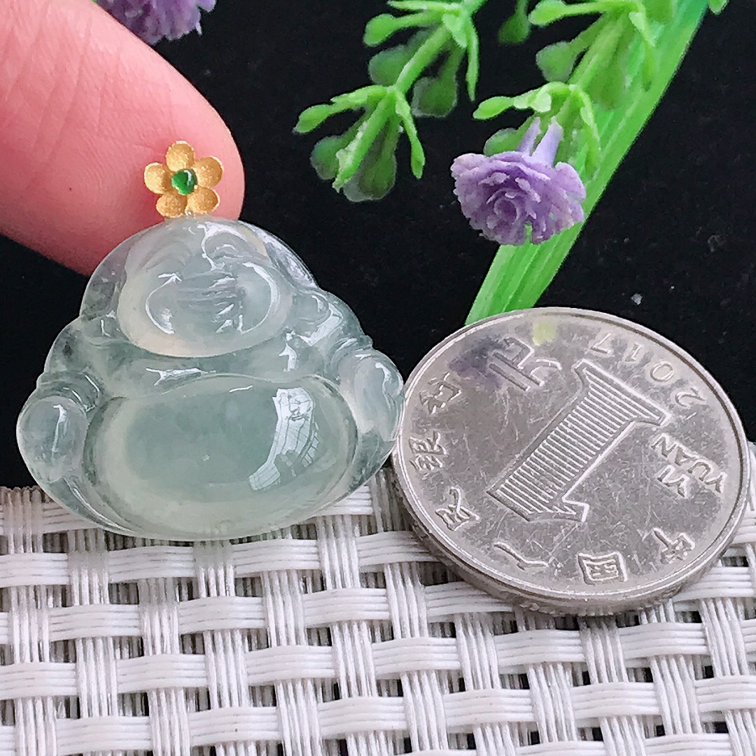 自然光21.6/26.3/6.1老坑18k金镶嵌冰晴佛公吊坠翡翠玉佛挂件