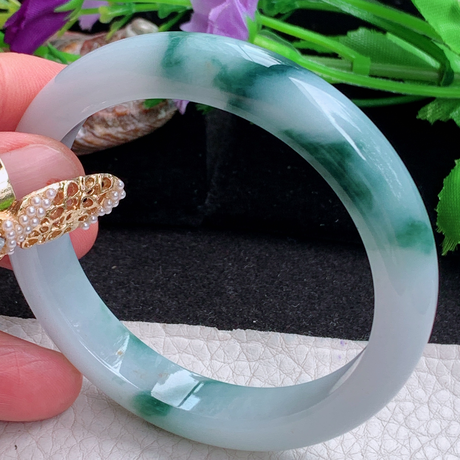 ee实拍56*11.2*7.8平安镯 天然缅甸翡翠a货冰飘花正圈玉镯子