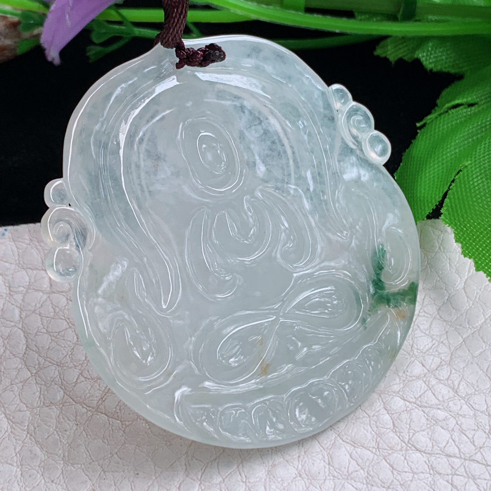 Bg实拍52.5*50*6缅甸翡翠冰透飘花大势至菩萨吊坠生肖守护神观音玉坠