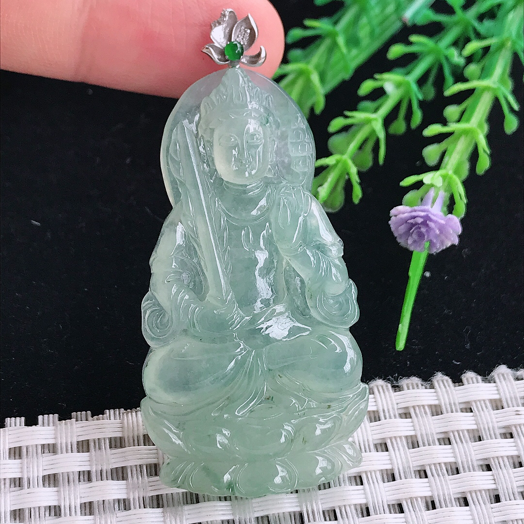 自然光52/28/5.5老坑18k金镶嵌冰晴绿虚空藏菩萨吊坠翡翠玉坠挂件