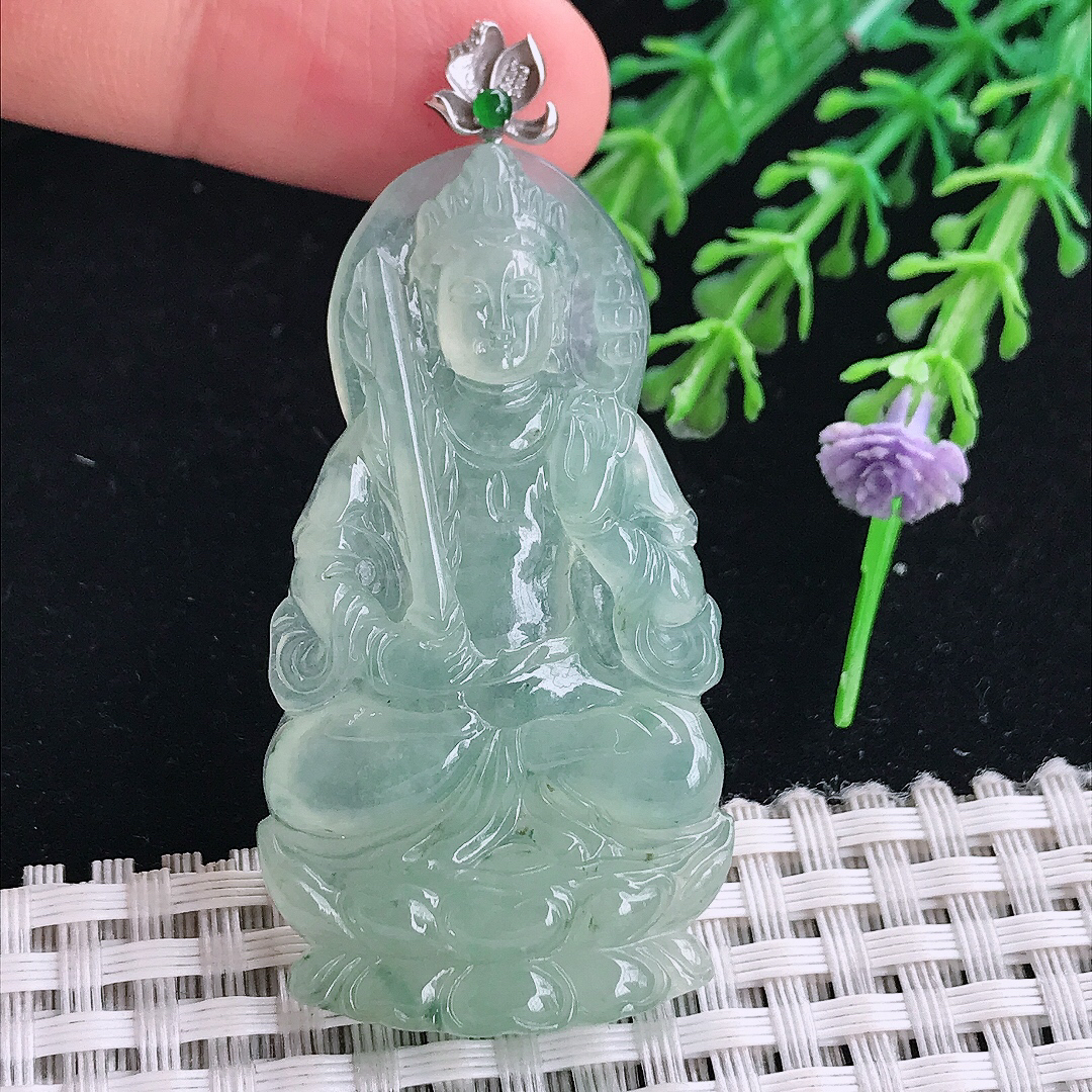 自然光52/28/5.5老坑18k金镶嵌冰晴绿虚空藏菩萨吊坠翡翠玉坠挂件