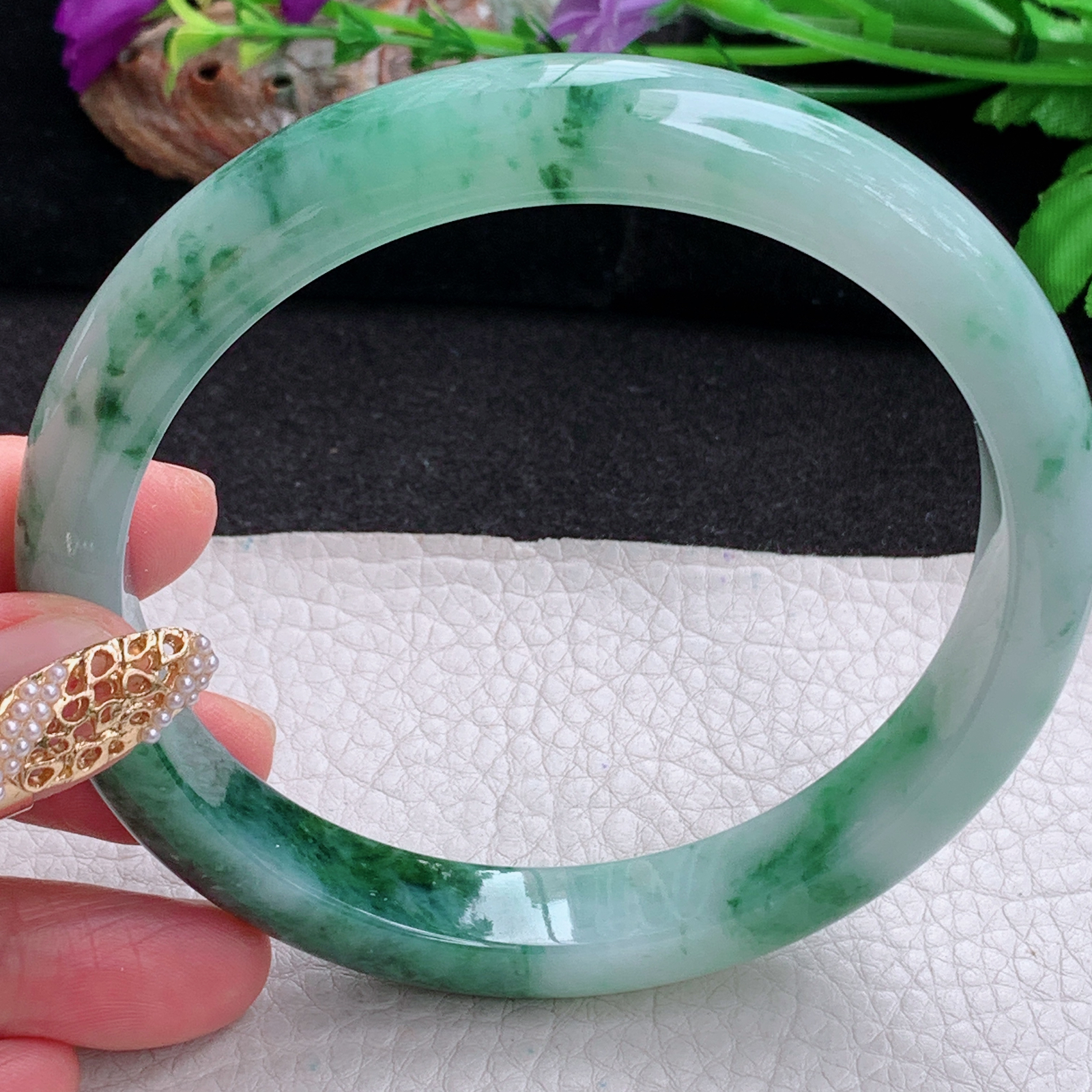 js大圈口71*12.3*9臂镯 天然缅甸翡翠a货手镯飘花大气正圈玉镯子