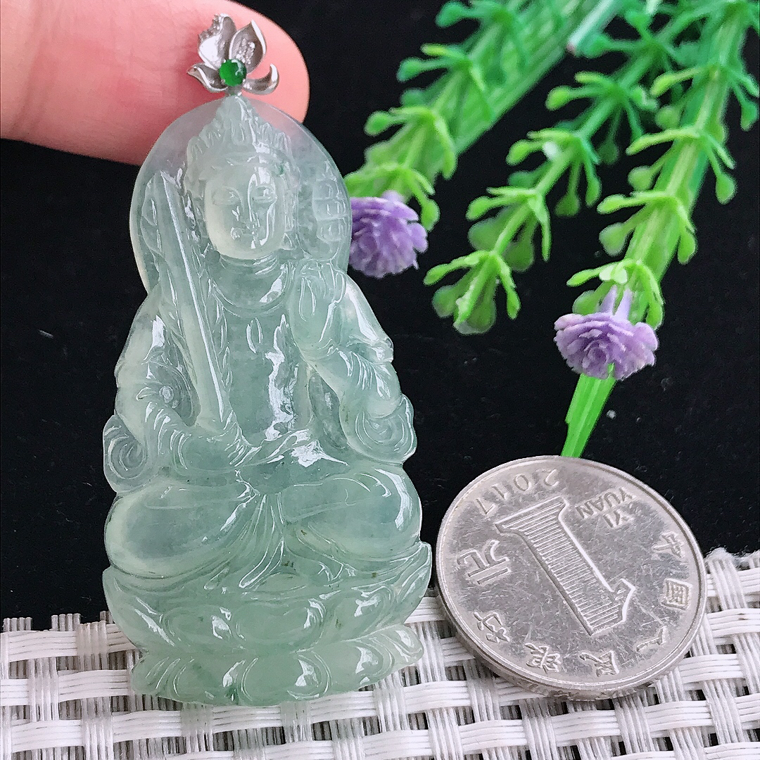 自然光52/28/5.5老坑18k金镶嵌冰晴绿虚空藏菩萨吊坠翡翠玉坠挂件