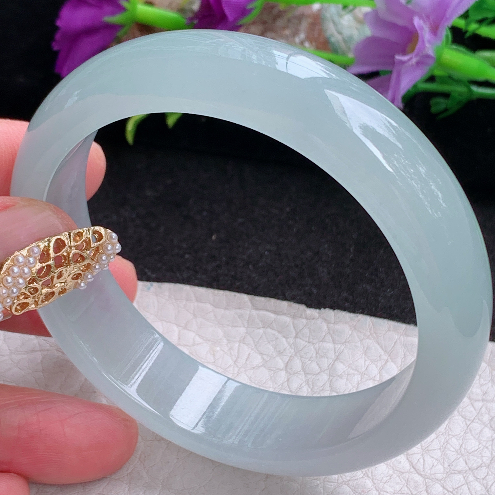 z实拍57*15.2*7.8平安镯 天然缅甸翡翠a货手镯女款冰种晴底正圈玉镯子