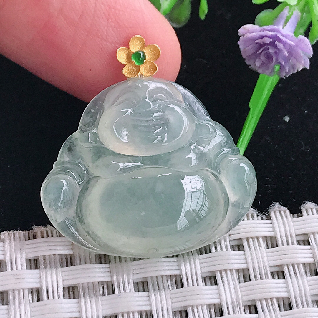 自然光21.6/26.3/6.1老坑18k金镶嵌冰晴佛公吊坠翡翠玉佛挂件