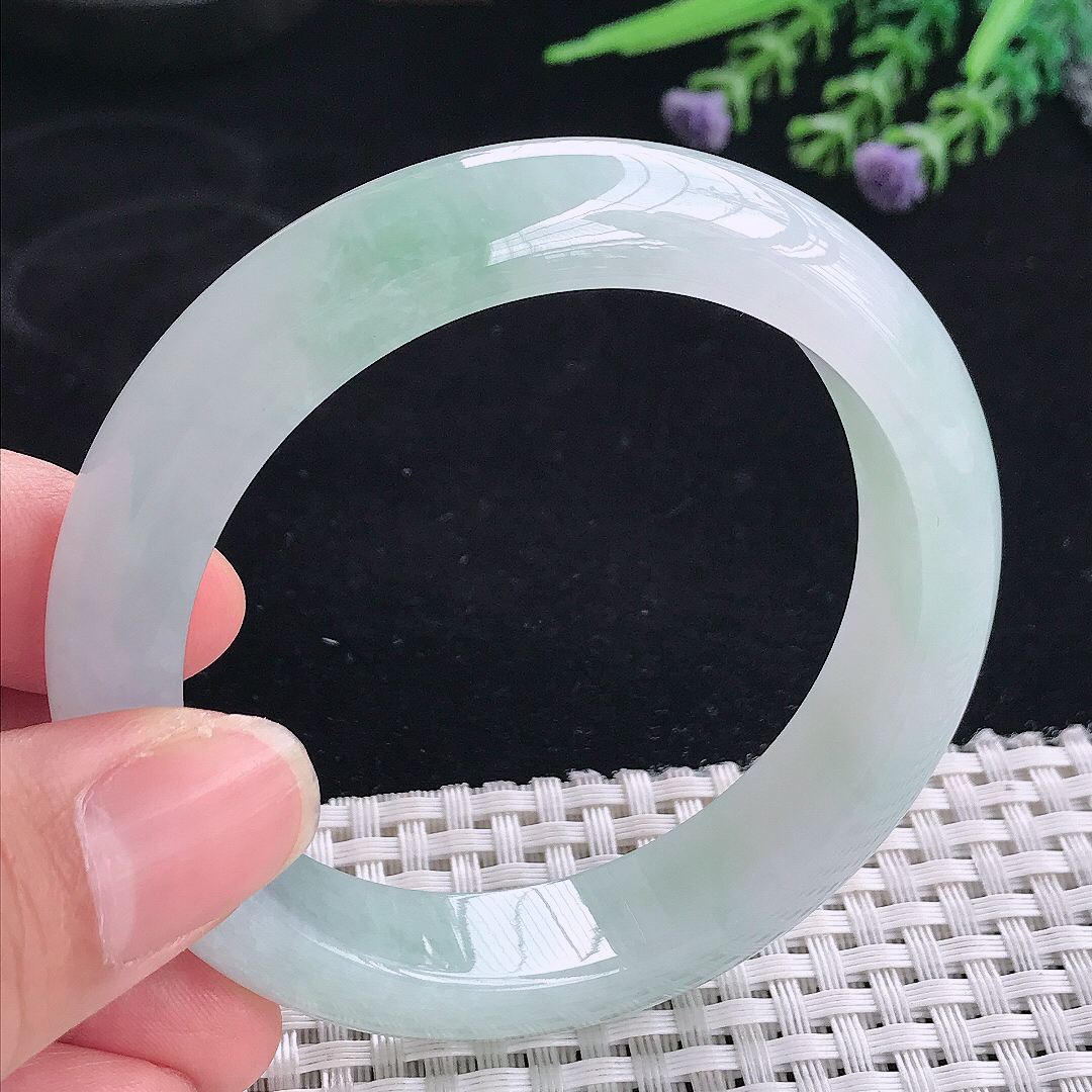 实拍A货翡翠55.5/13/8.8老坑冰润起胶飘花手镯宽边玉镯平安镯