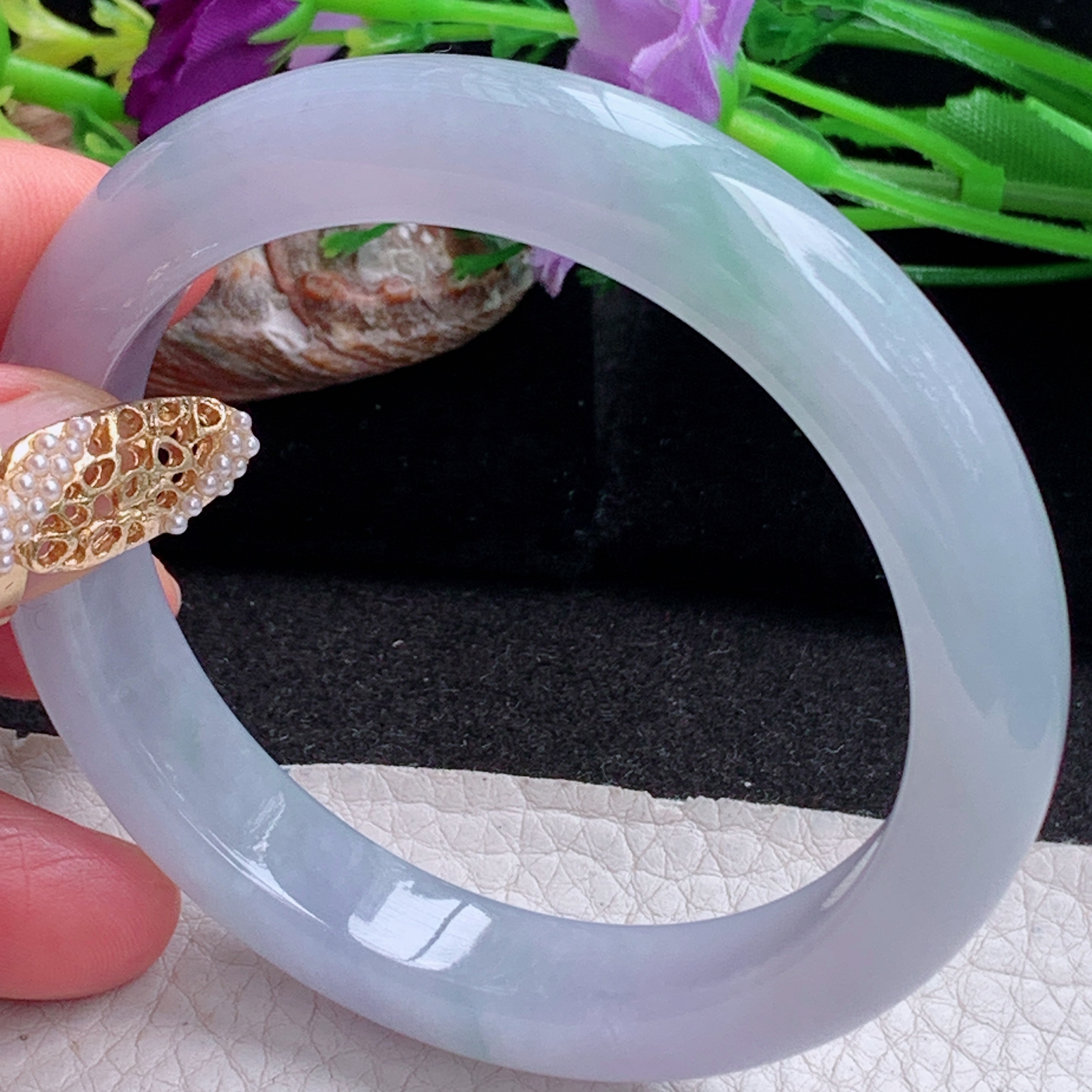 r实拍57.5*11.6*8.8平安镯 天然缅甸翡翠a货冰紫底飘花正圈玉镯子