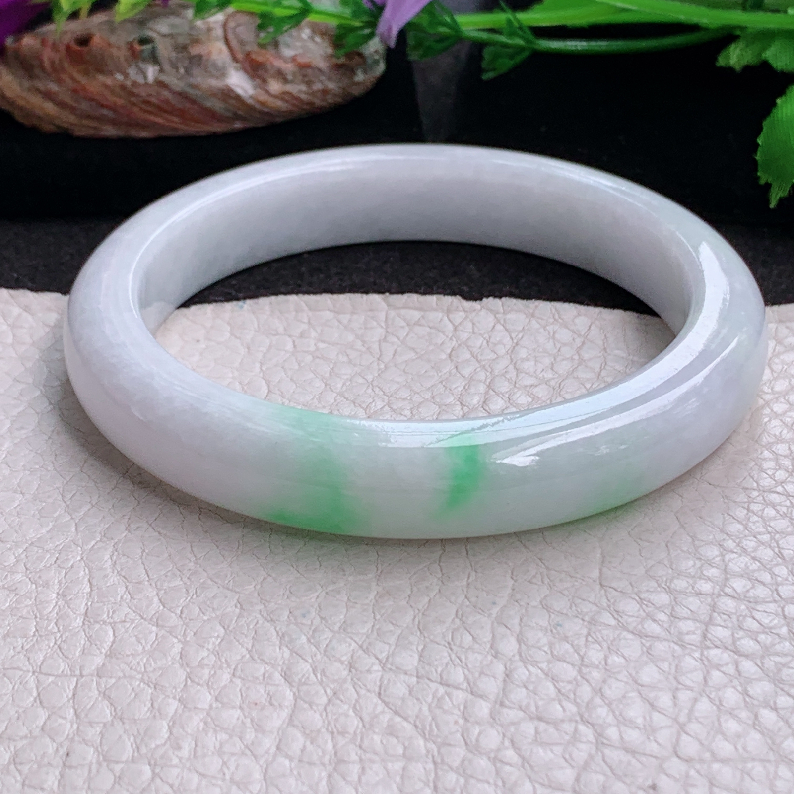 ee大圈口64.5*12*9.3平安镯 天然缅甸翡翠a货白底青大气正圈玉镯子