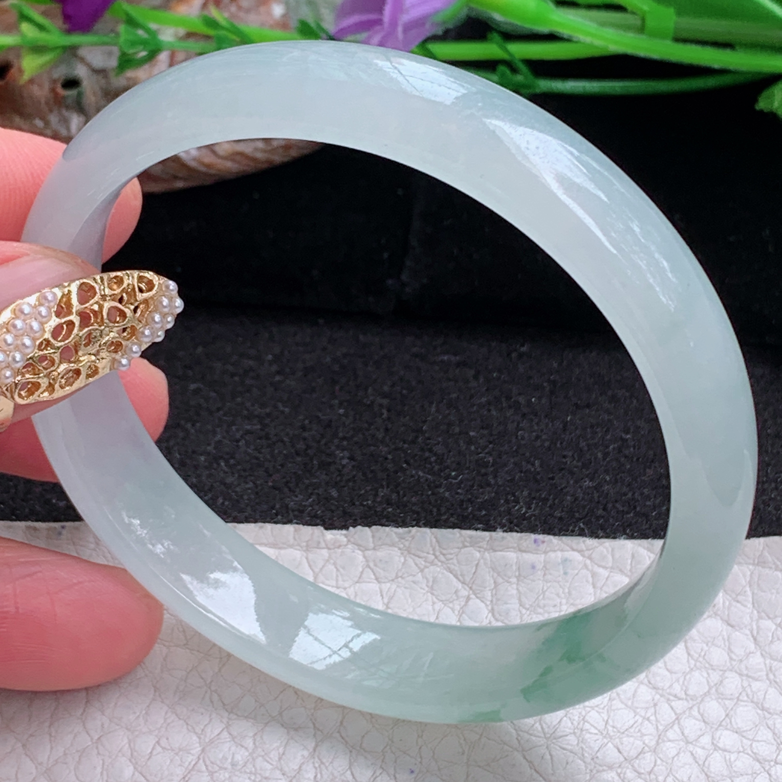 js实拍58*12*6.3平安镯 天然缅甸翡翠a货手镯冰飘花正圈玉镯子