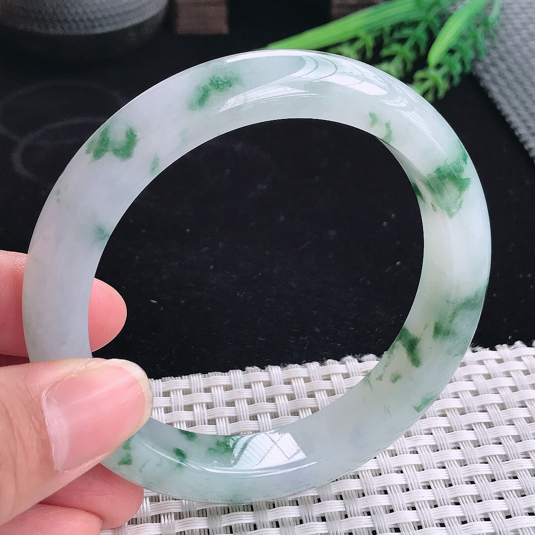 实拍A货翡翠61.5/12.9/9.4大圈口老坑冰胶果冻冰飘花手镯宽边玉镯平安镯