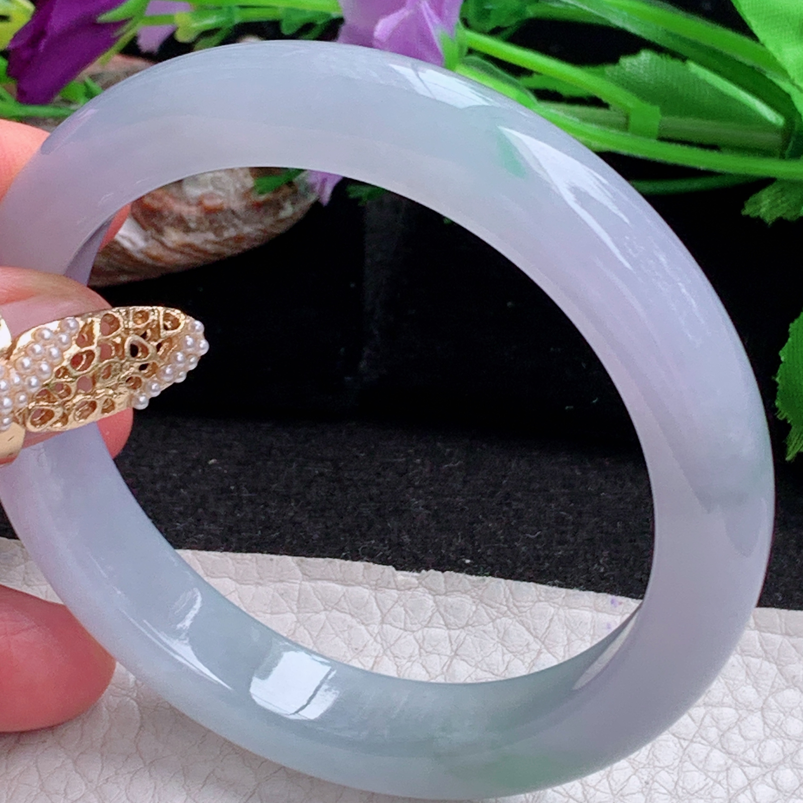 r实拍57.5*11.6*8.8平安镯 天然缅甸翡翠a货冰紫底飘花正圈玉镯子