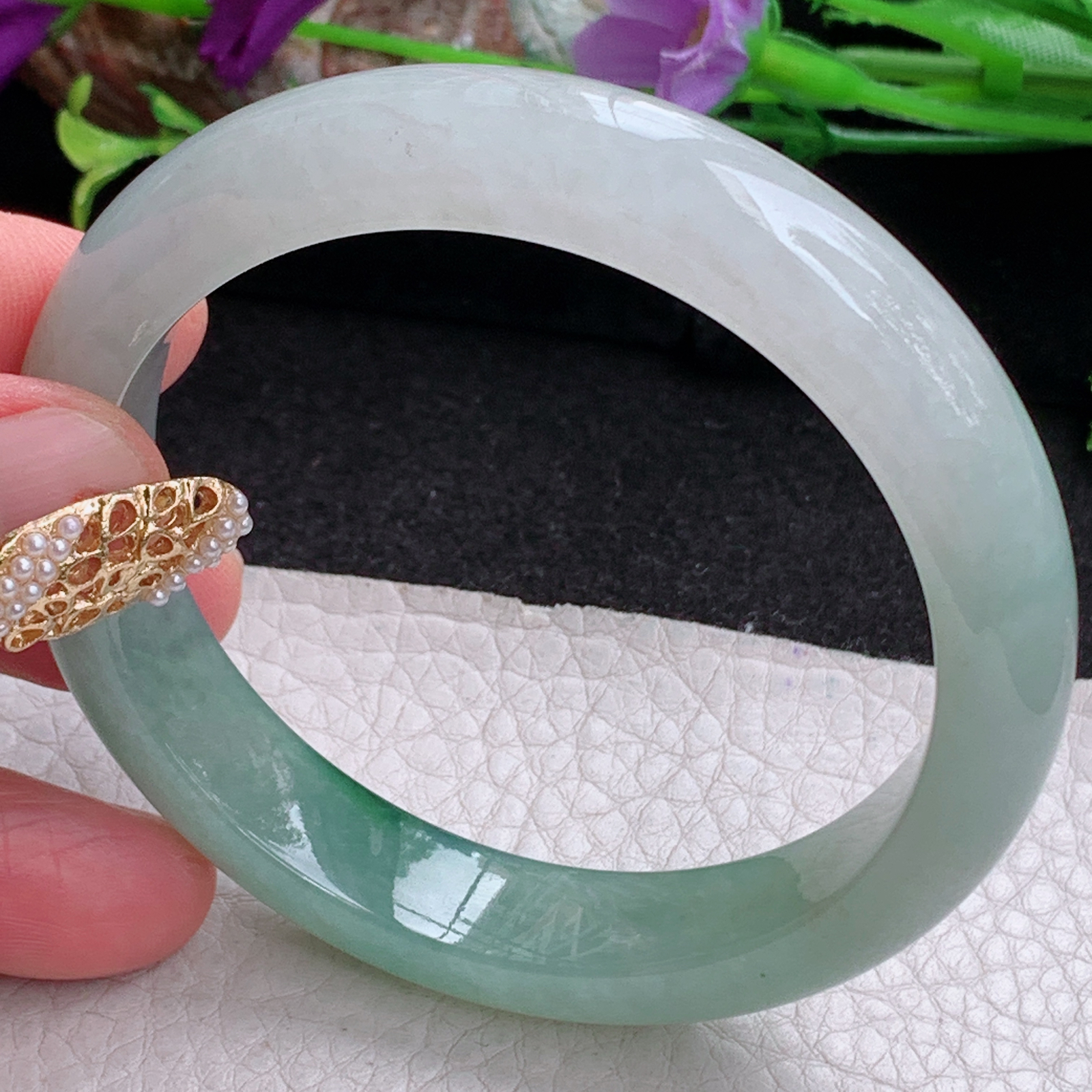 fx实拍57*12*8.3平安镯 天然缅甸翡翠a货手镯女款冰飘花正圈玉镯子