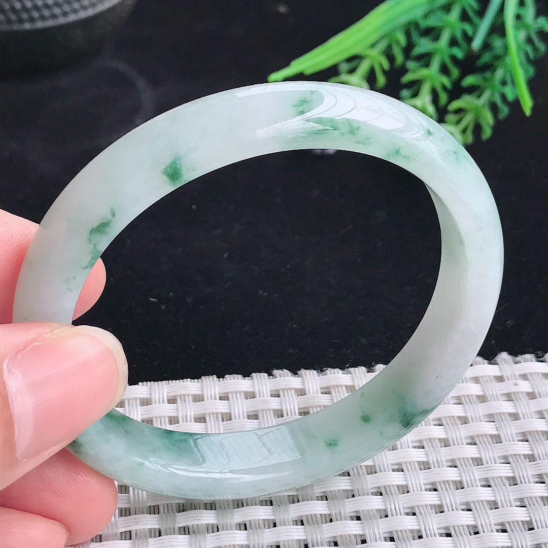 实拍A货翡翠55/48.8/11.3/7.2老坑冰润飘花贵妃手镯宽边玉镯平安镯