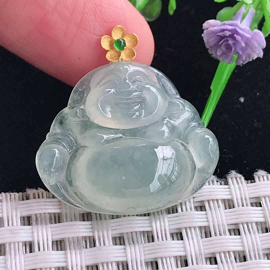 自然光21.6/26.3/6.1老坑18k金镶嵌冰晴佛公吊坠翡翠玉佛挂件