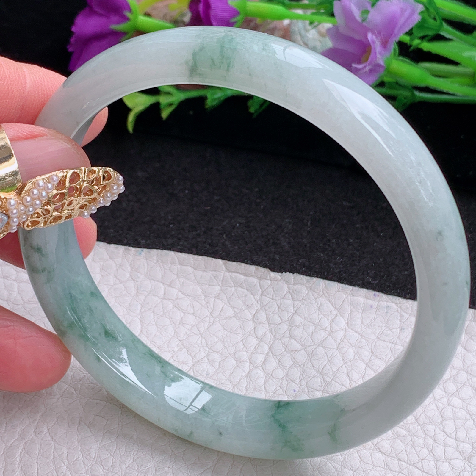 xc大圈口65.5*12.3*7.6平安镯 天然缅甸翡翠a货手镯冰飘花大气正圈玉镯子