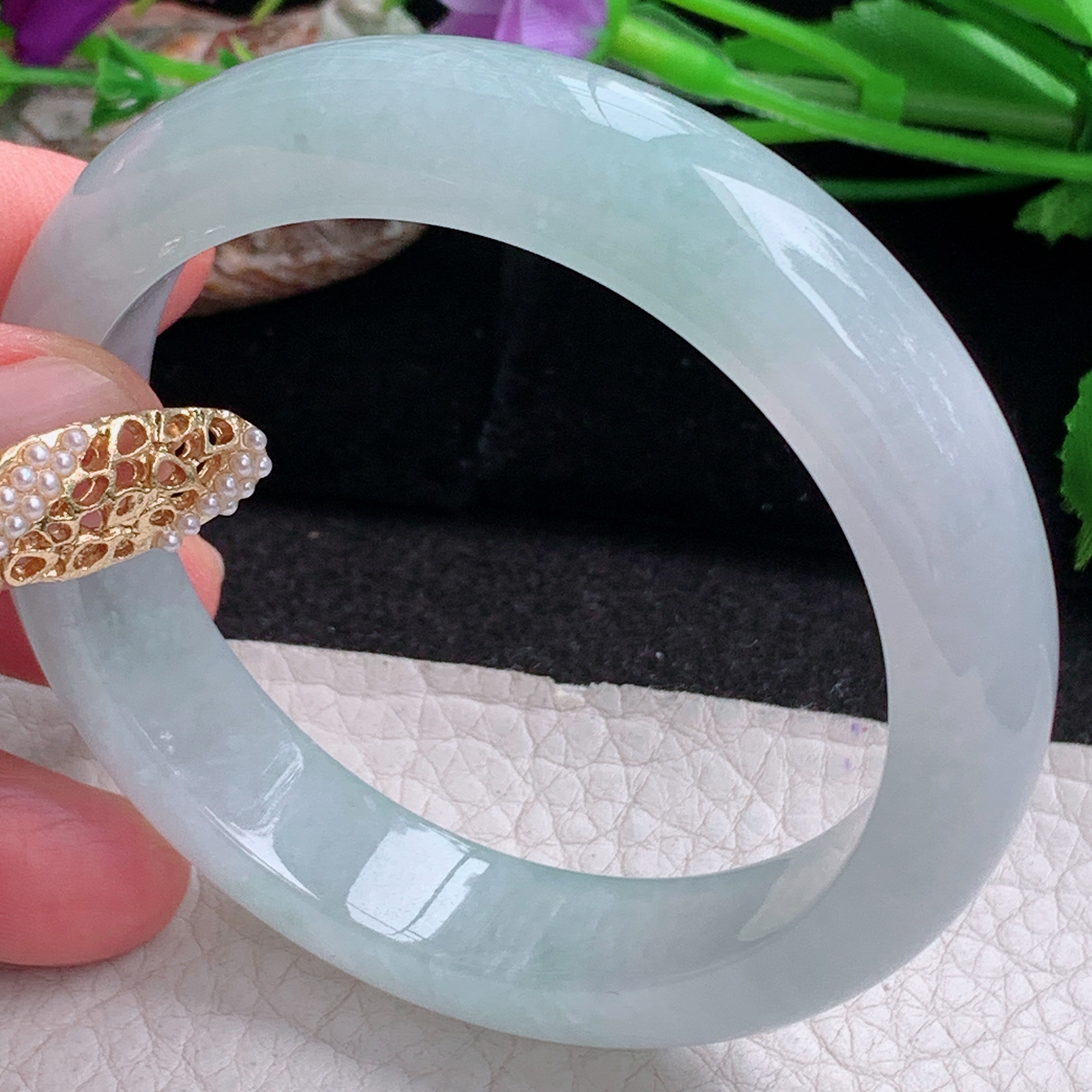 r实拍54:5*12.8*8平安镯 天然缅甸翡翠a货冰飘花正圈玉镯子