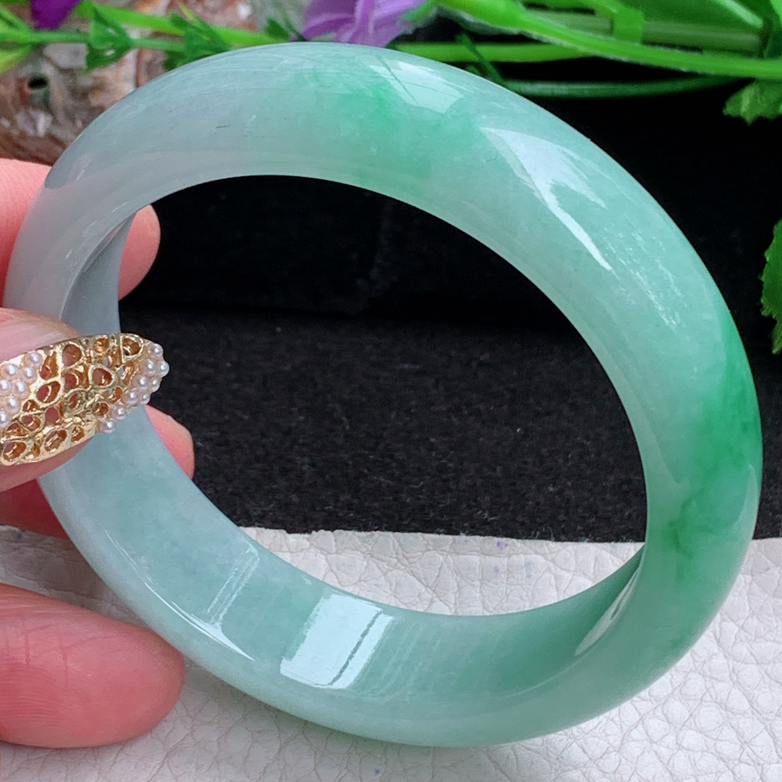 js实拍55.5*15.8*7.6轮胎镯 天然缅甸翡翠a货手镯女款辣绿正圈玉镯子