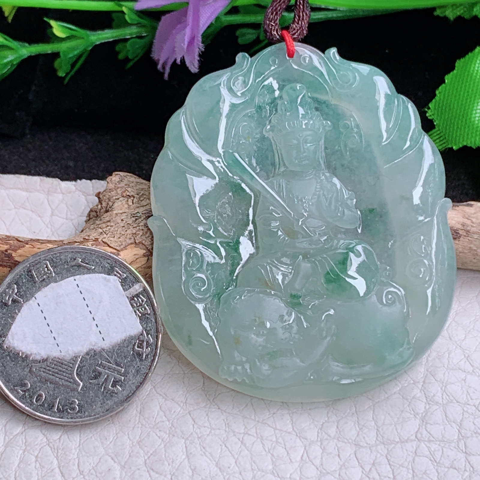 bg实拍52*43.8*5.5缅甸翡翠a货精雕冰飘花普贤菩萨玉吊坠 玉挂件