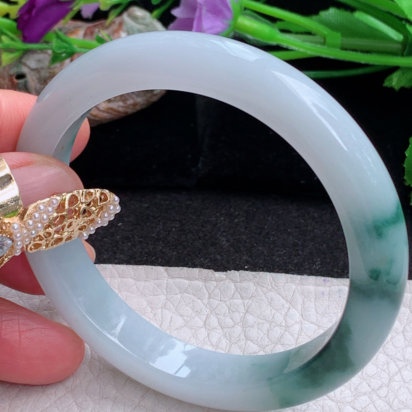 ee实拍56*11.2*7.8平安镯 天然缅甸翡翠a货冰飘花正圈玉镯子