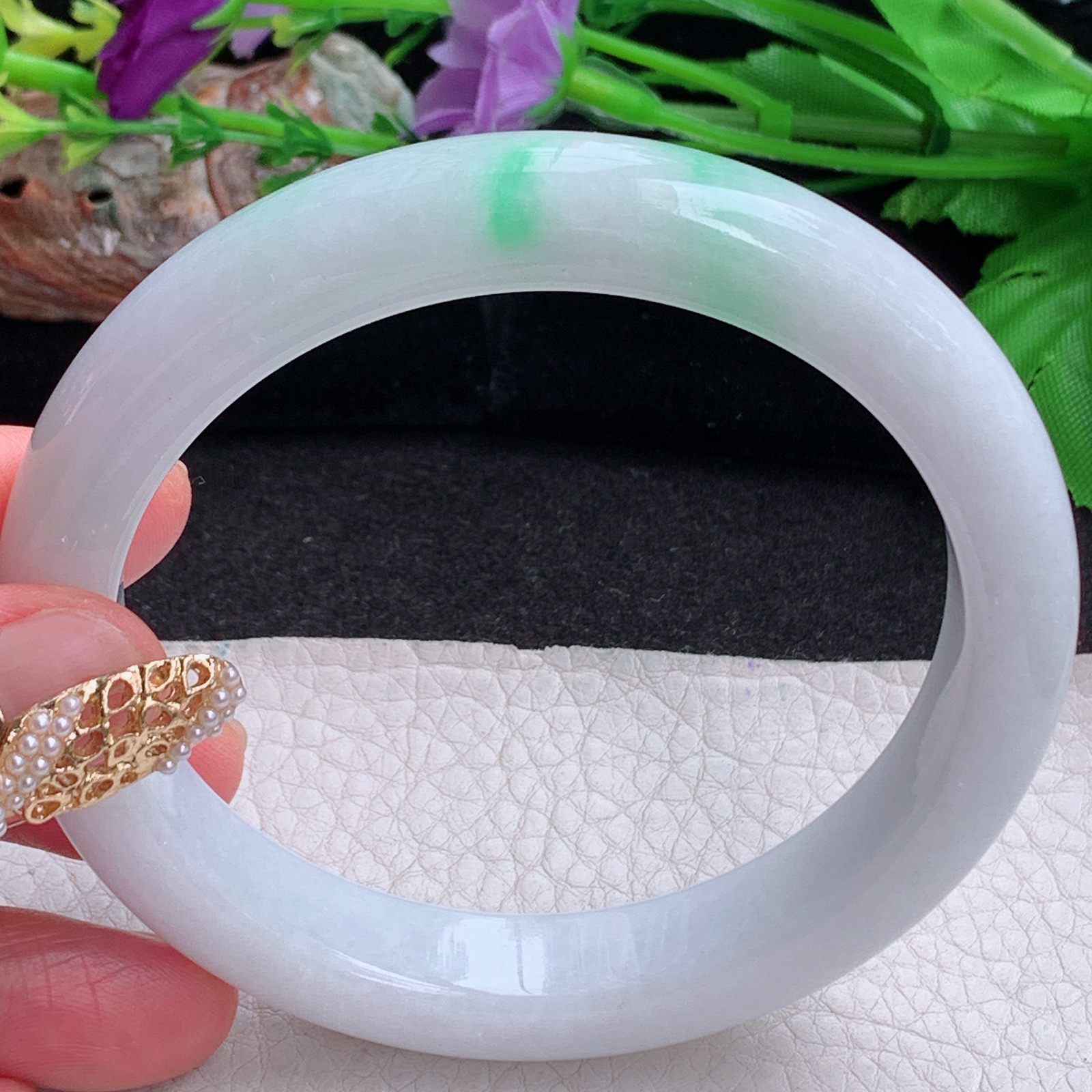 ee大圈口64.5*12*9.3平安镯 天然缅甸翡翠a货白底青大气正圈玉镯子