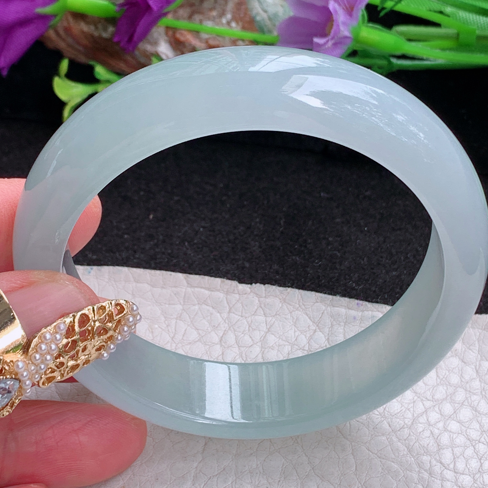 z实拍57*15.2*7.8平安镯 天然缅甸翡翠a货手镯女款冰种晴底正圈玉镯子