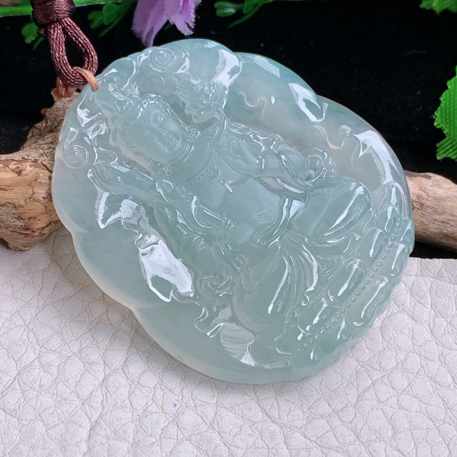 bg实拍50.8*42.6*5.8缅甸翡翠a货精雕冰晴虚空藏菩萨玉吊坠 玉挂件