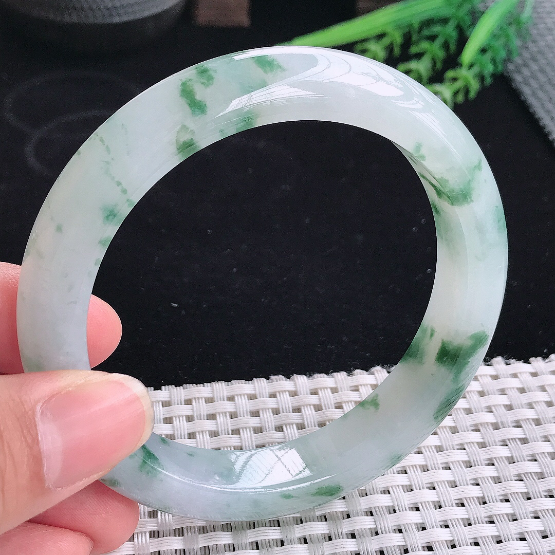 实拍A货翡翠61.5/12.9/9.4大圈口老坑冰胶果冻冰飘花手镯宽边玉镯平安镯