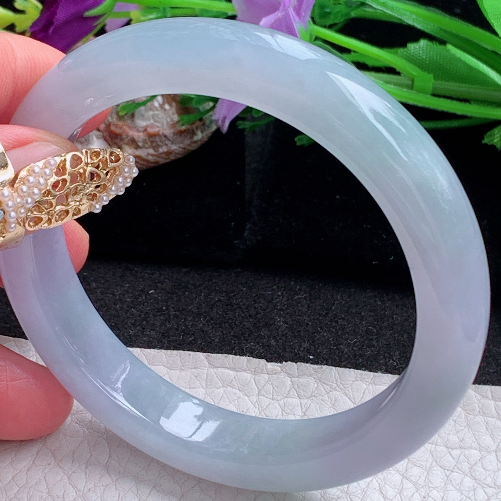 r实拍57.5*11.6*8.8平安镯 天然缅甸翡翠a货冰紫底飘花正圈玉镯子