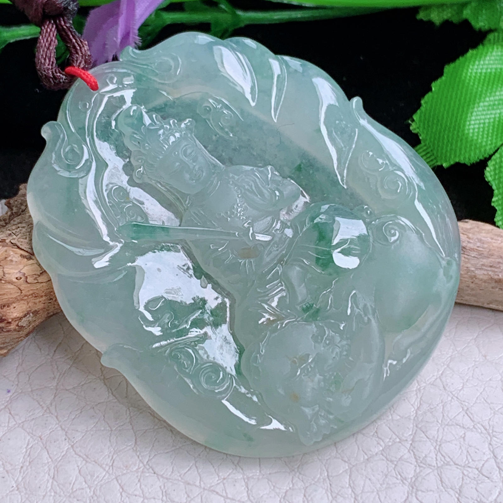 bg实拍52*43.8*5.5缅甸翡翠a货精雕冰飘花普贤菩萨玉吊坠 玉挂件