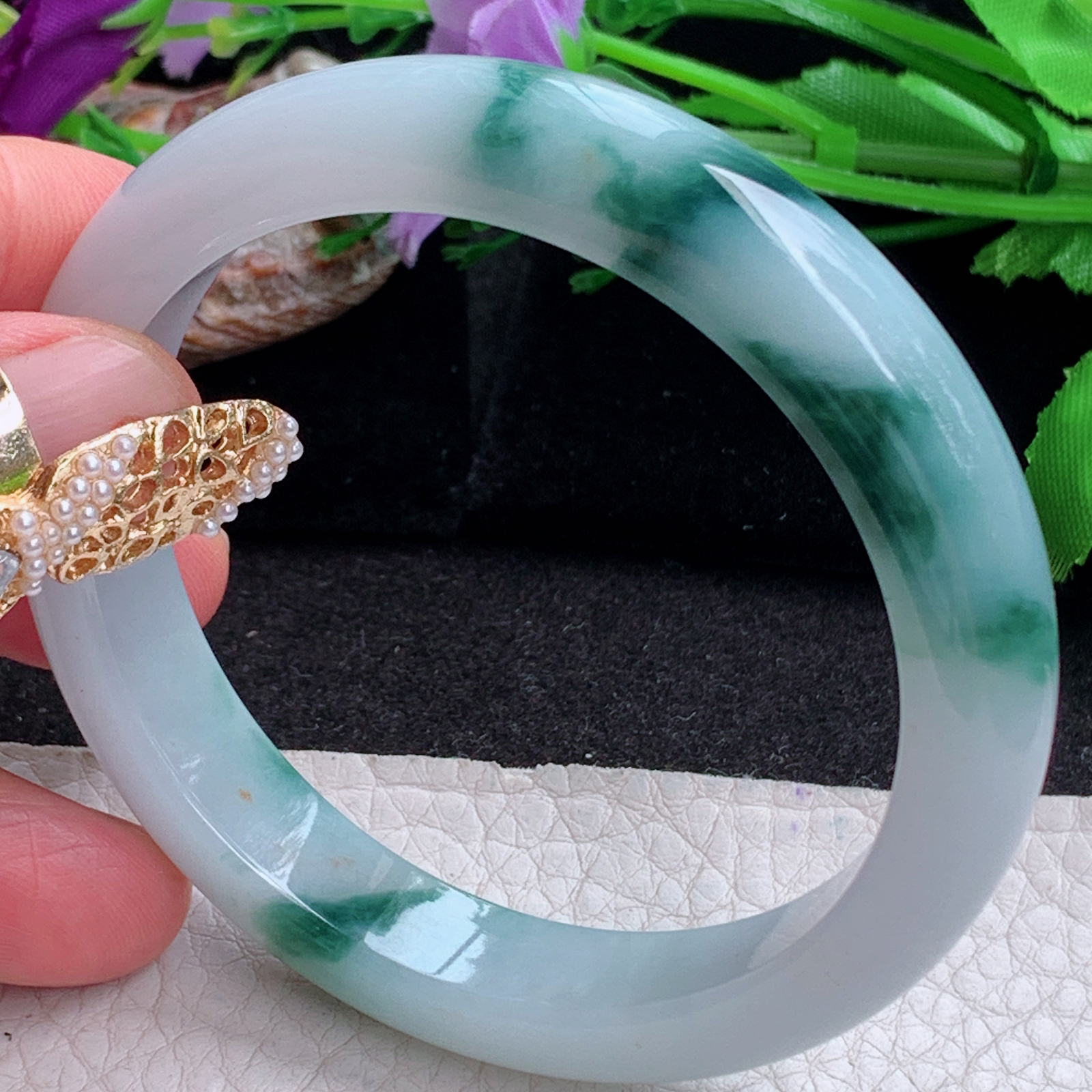 ee实拍56*11.2*7.8平安镯 天然缅甸翡翠a货冰飘花正圈玉镯子