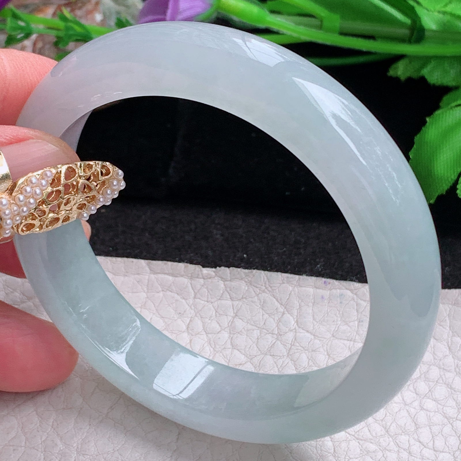 r实拍54:5*12.8*8平安镯 天然缅甸翡翠a货冰飘花正圈玉镯子