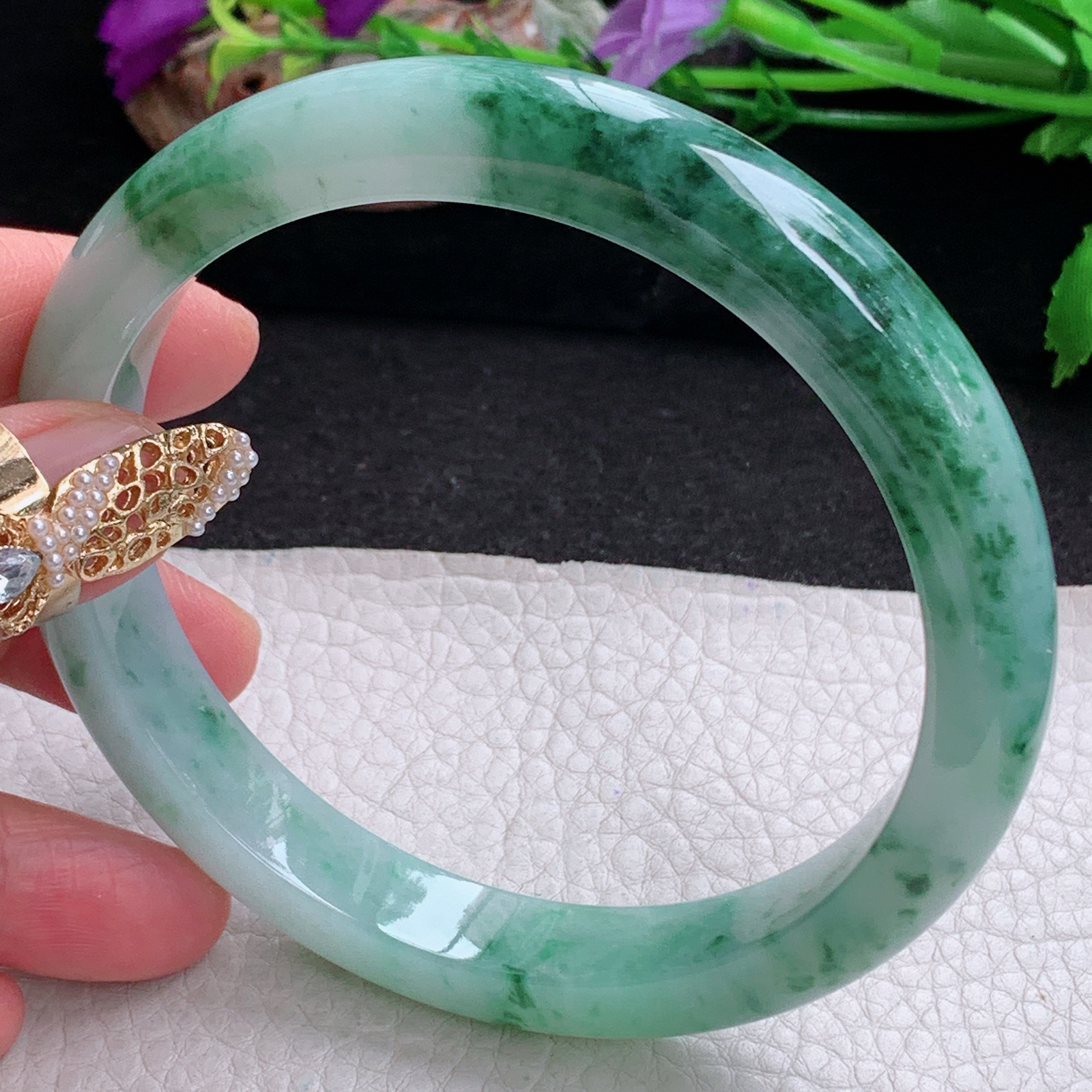 js大圈口71*12.3*9臂镯 天然缅甸翡翠a货手镯飘花大气正圈玉镯子