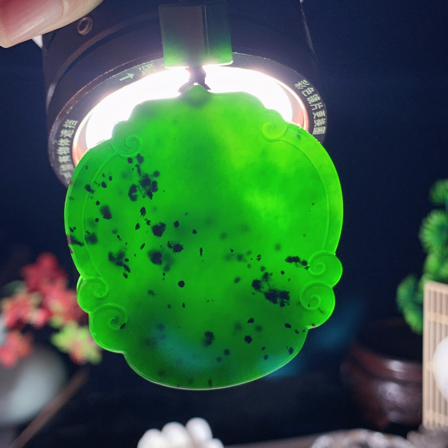 和田玉菠菜绿俄罗斯碧玉座莲挂件 尺寸52/46/10重58克，玉质细腻油润 底色纯净 脂粉好，品质好！lt260420