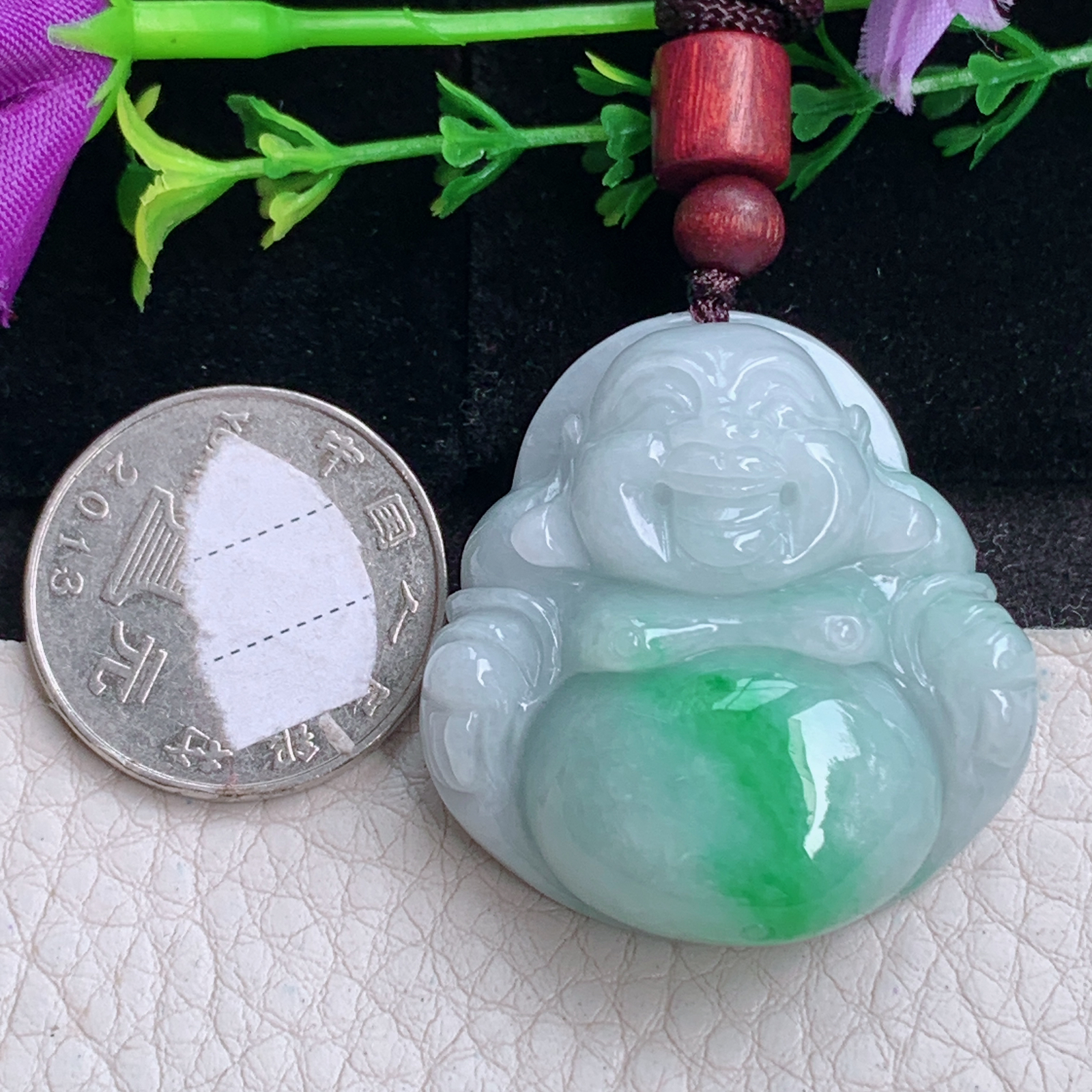 zen实拍37*35*13缅甸翡翠飘绿佛公吊坠大肚弥勒佛玉坠