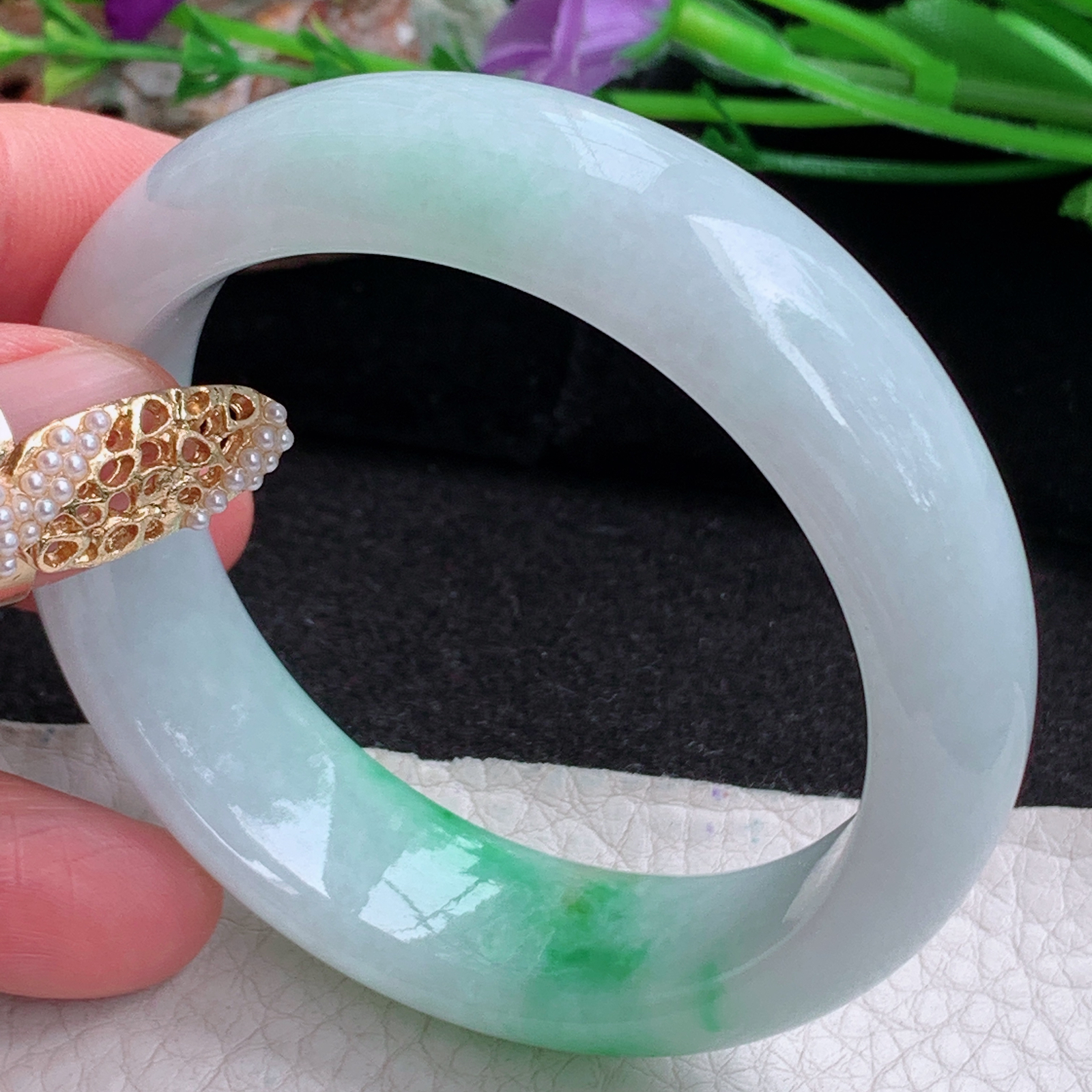 js小圈口52.5*16*8.5轮胎镯 天然缅甸翡翠a货手镯女款白底青秀气正圈玉镯子
