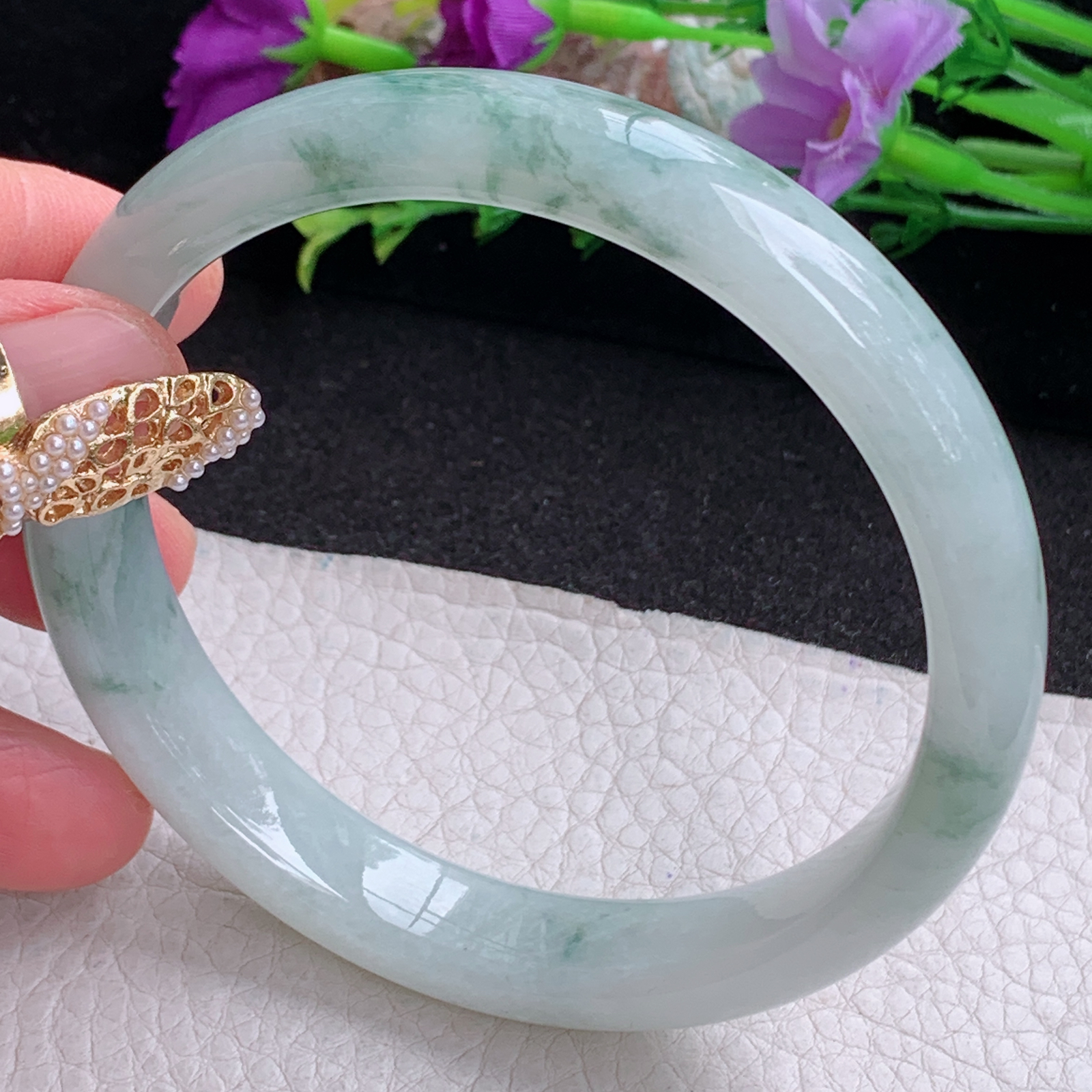 xc大圈口65.5*12.3*7.6平安镯 天然缅甸翡翠a货手镯冰飘花大气正圈玉镯子