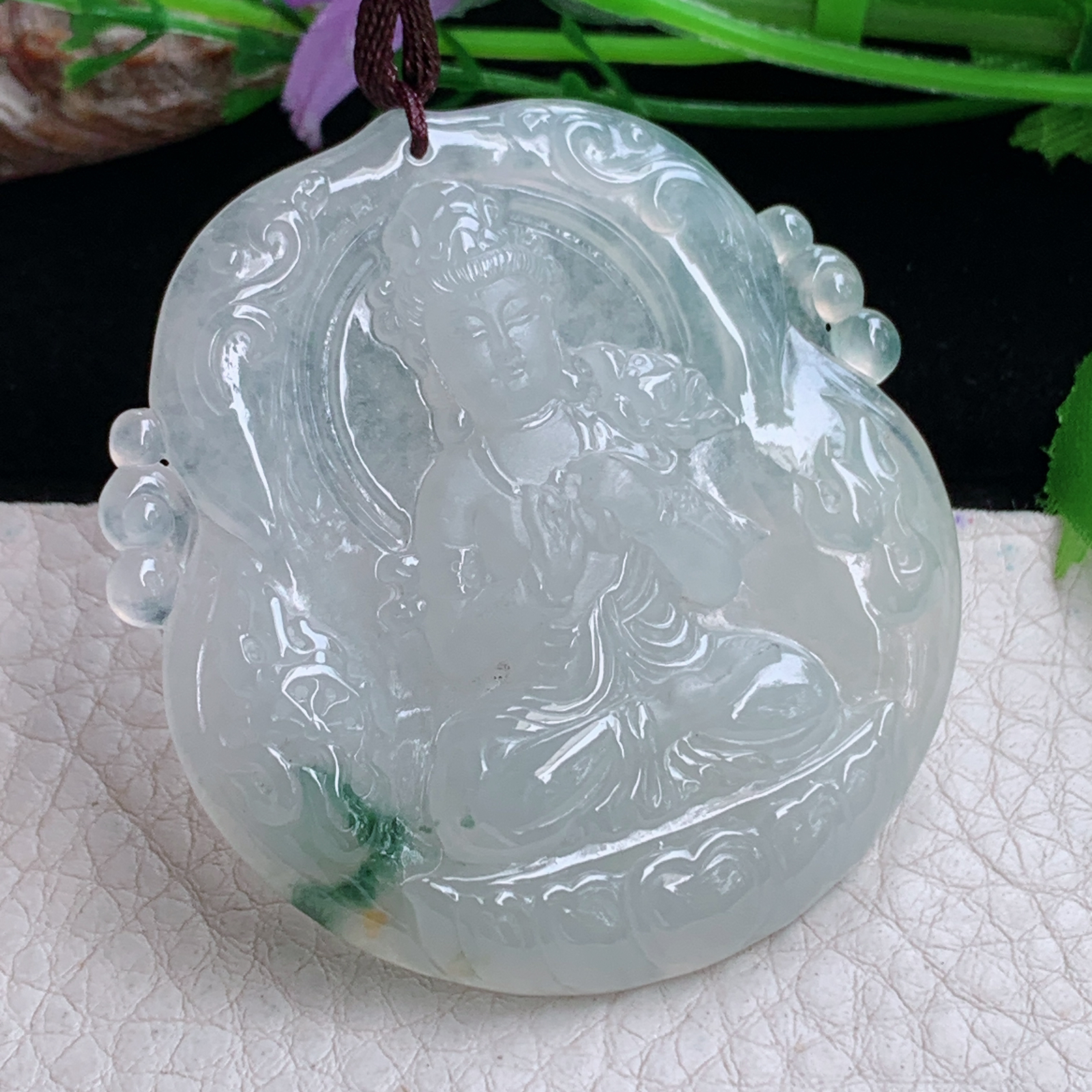 Bg实拍52.5*50*6缅甸翡翠冰透飘花大势至菩萨吊坠生肖守护神观音玉坠
