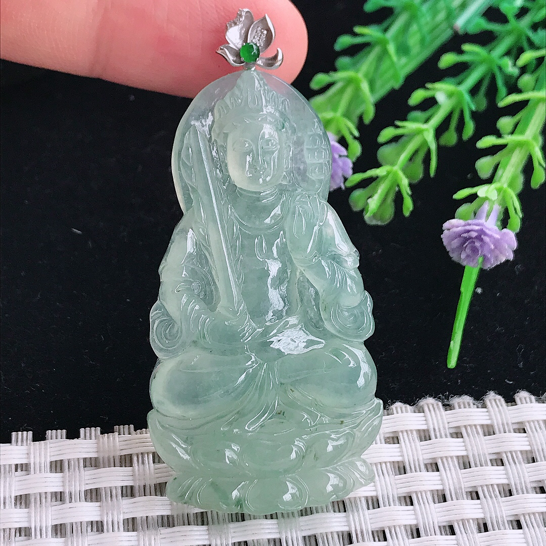 自然光52/28/5.5老坑18k金镶嵌冰晴绿虚空藏菩萨吊坠翡翠玉坠挂件