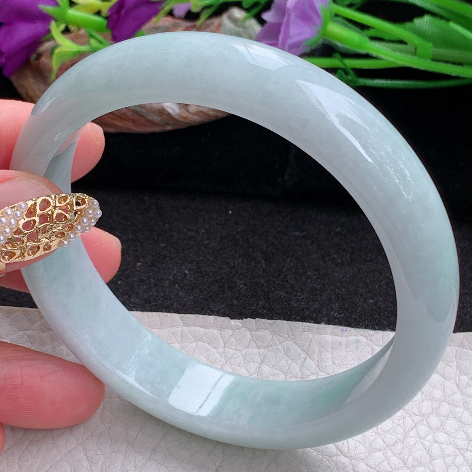 js大圈口63.5*14.8*8平安镯 天然缅甸翡翠a货手镯浅绿大气正圈玉镯子